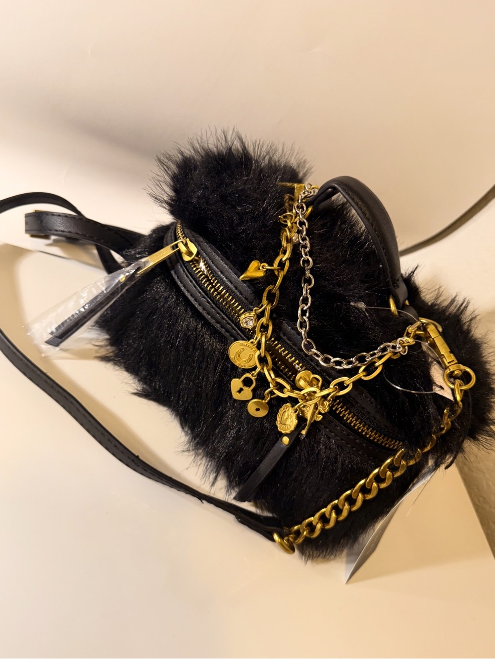 Madden girl Black Faux Fur Crossbody Bag with Gold Charm Chain